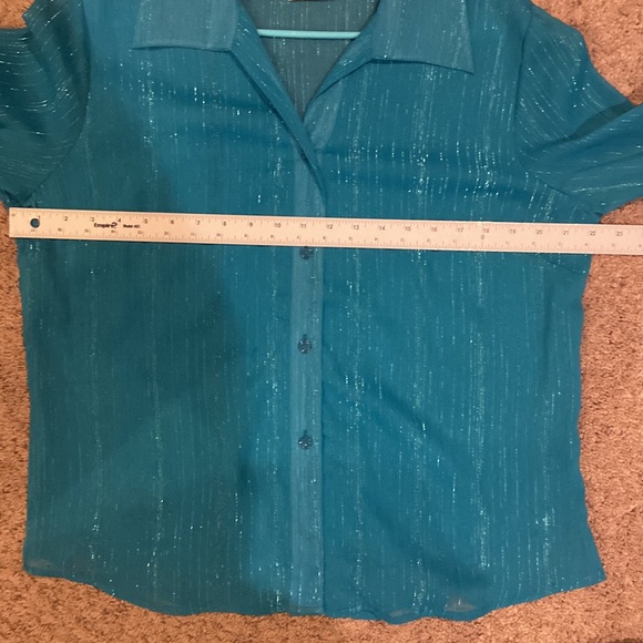 Women’s 80’s Vintage Turquoise w/Silver pinstriped button down Sz L, EUC, Pretty - Picture 11 of 12